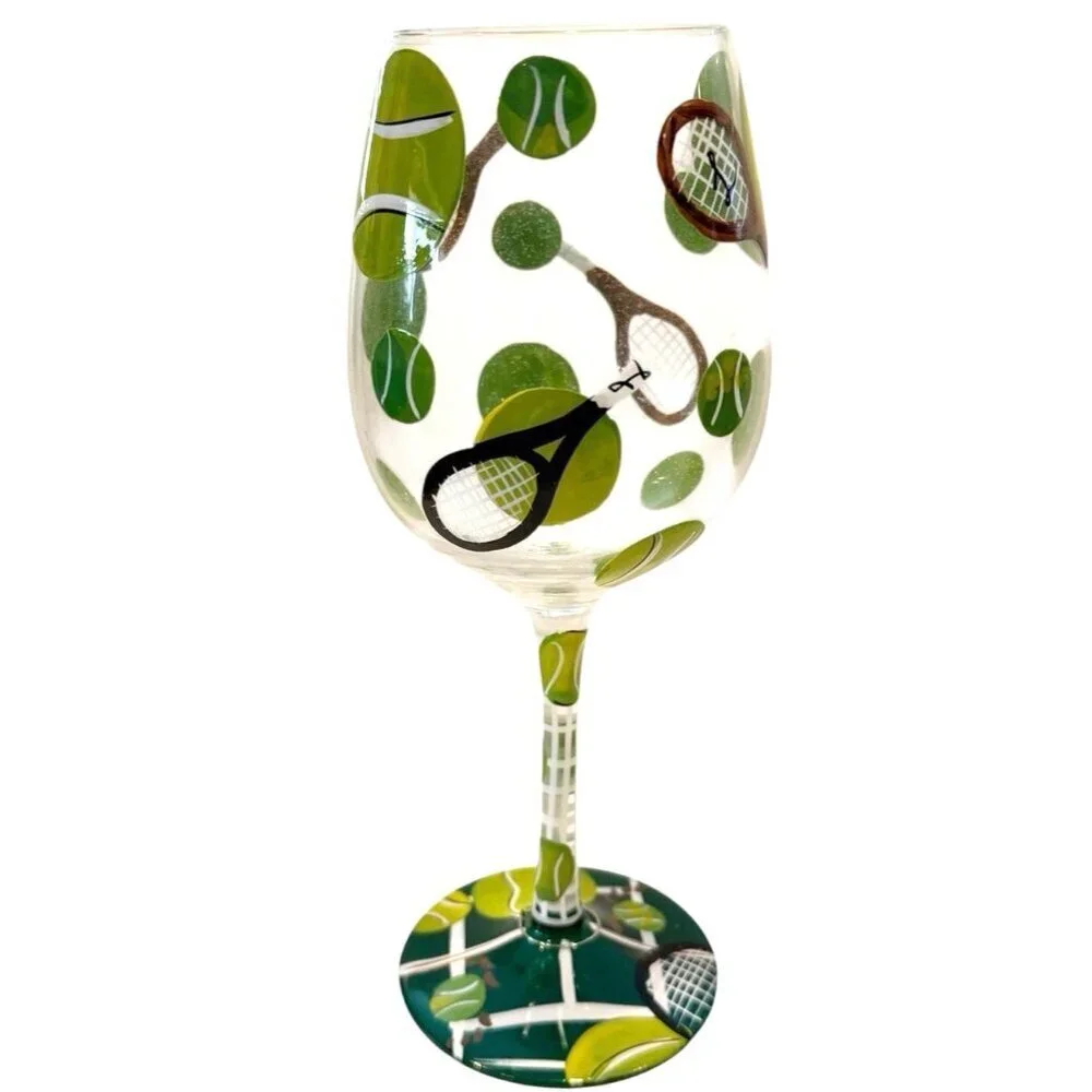 Lolita Hand Painted Tennis Balls Racket Pickleball Wine Glass Recipe Box NOB